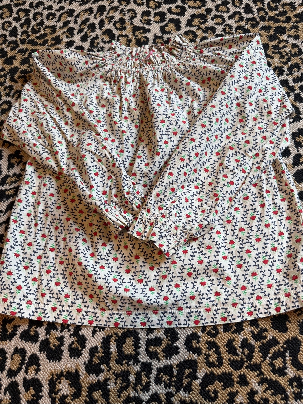 Girls' Cream Floral Smocked Neck Blouse with Red Accents